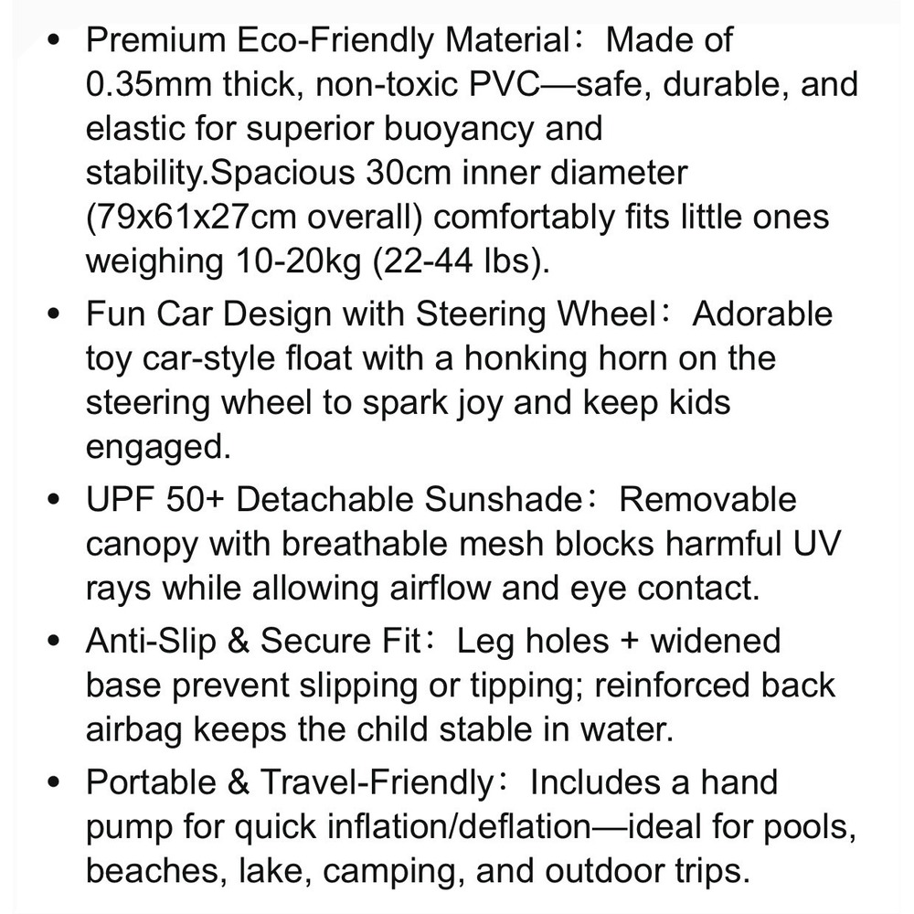 NEW Baby Car 1-4 Yrs Pool Float with Canopy and Steering Wheel UPF 50 - Picture 11 of 12